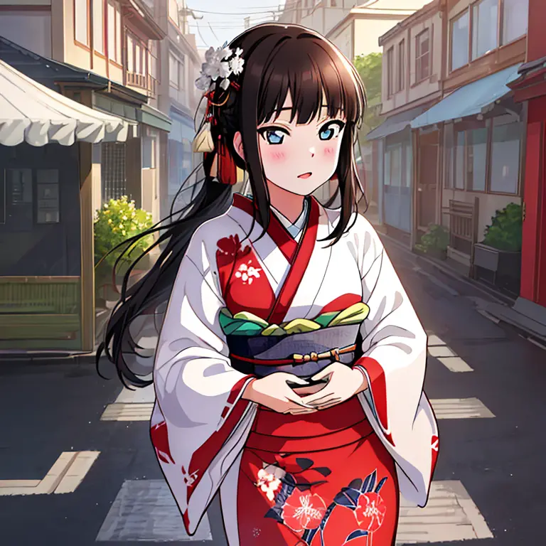 {best quality}, {very aesthetic}, {ultra-detailed}, {best illustration}, japanese kimono, red kimono, in the street, a dark-hair...