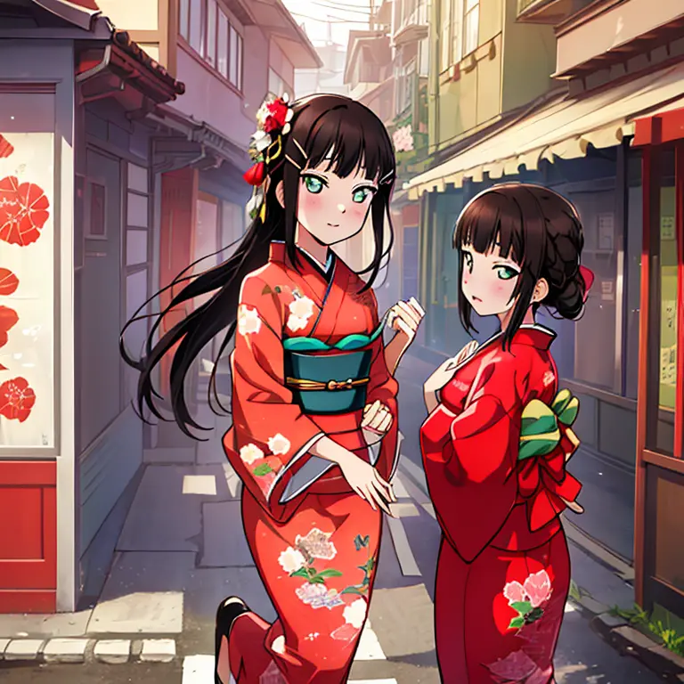 {best quality}, {very aesthetic}, {ultra-detailed}, {best illustration}, japanese kimono, red kimono, in the street, a dark-hair...