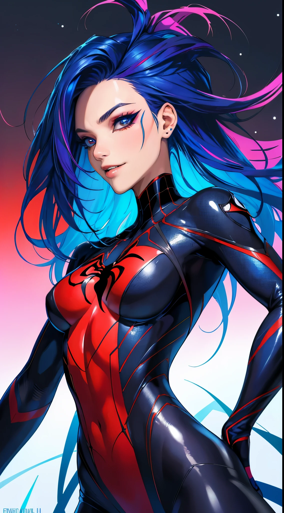 (Best quality, tmasterpiece, Colorful, dynamic angle, highest detailed) upper body photos, lovely fashion photography, dark-blue hair，There are black highlights, Torn Spider-Man Suit,(Ultra-high-resolution textures), dynamicposes, bokeh, Glowing plush details, hyperdetailed:1.15), detailed, Light passes through the hair, Colorful art flat background(offcial art, extreme detailed, highest detailed), Kalmat, Clothing that exposes, coquettish, black streaks in hair, Life clothes, Glowing and radiant skin, drop into liquid, dark make-up