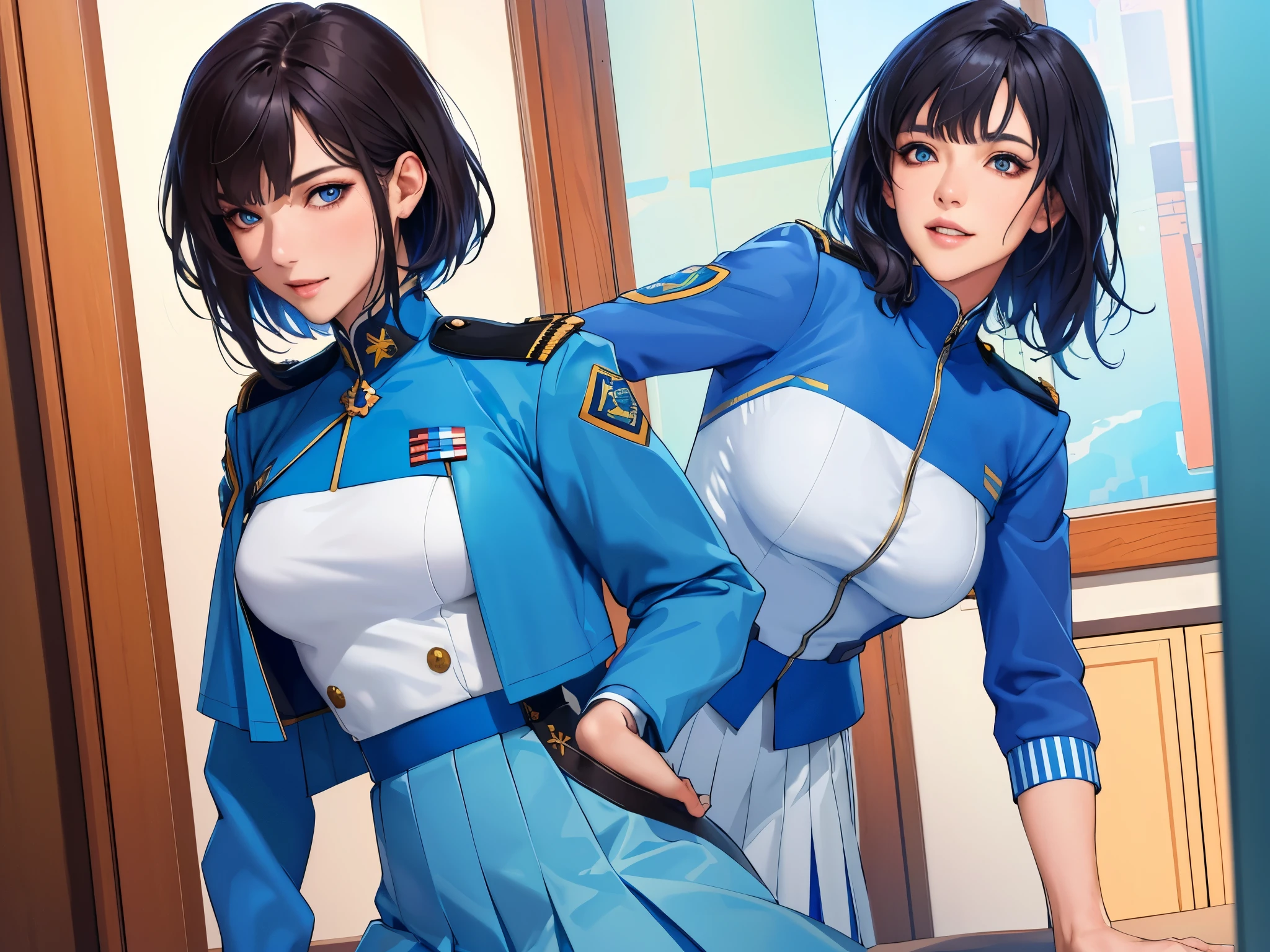 (Highest high resolution, distinct_Image of a), Best quality at best, tmasterpiece, The is very detailed, Semi-realistic, woman with black shoulder length hair, Black pupils, mature, mature woman, Imperial sister, sexy for, short detailed hair, triple bangs, Light blue uniform, Light blue uniform jacket, binh, Light blue pleated skirt, army suit, Fighter front, mirai, scientific fiction, kosmos