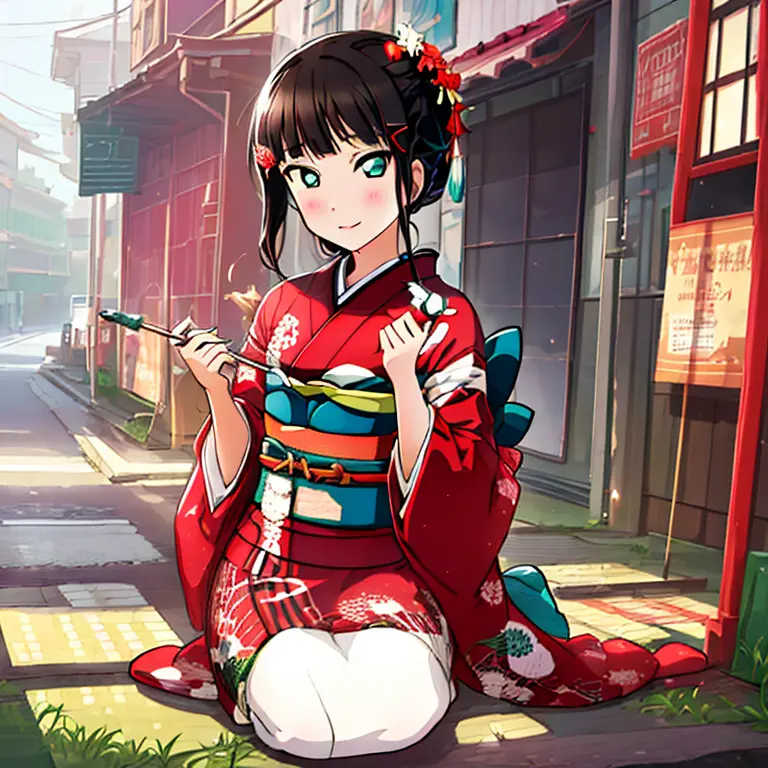 {best quality}, {very aesthetic}, {ultra-detailed}, {best illustration}, japanese kimono, red kimono, in the street, a dark-hair...