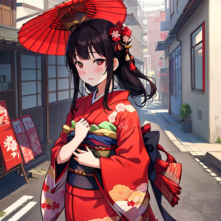 {best quality}, {very aesthetic}, {ultra-detailed}, {best illustration}, japanese kimono, red kimono, in the street, a dark-hair...