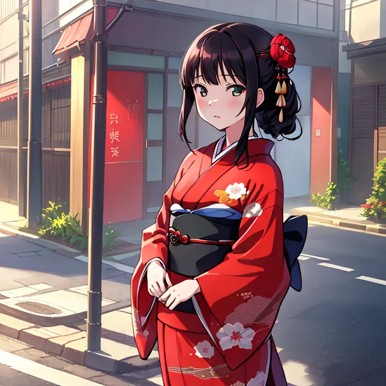 {best quality}, {very aesthetic}, {ultra-detailed}, {best illustration}, japanese kimono, red kimono, in the street, a dark-hair...