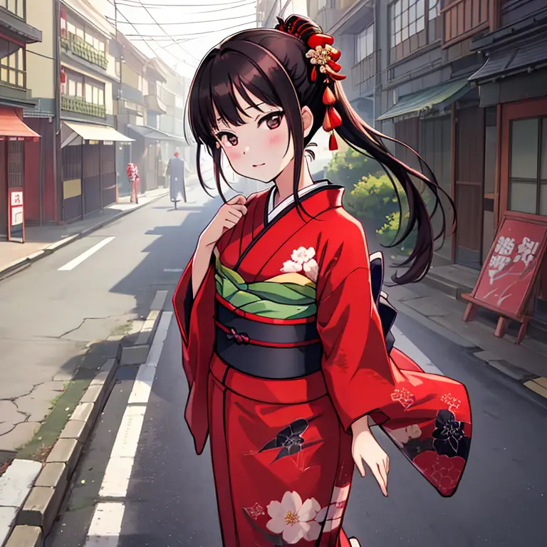 {best quality}, {very aesthetic}, {ultra-detailed}, {best illustration}, japanese kimono, red kimono, in the street, a dark-hair...