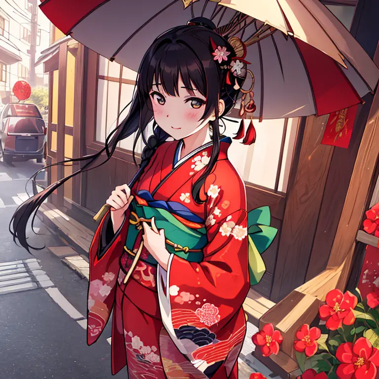 {best quality}, {very aesthetic}, {ultra-detailed}, {best illustration}, japanese kimono, red kimono, in the street, a dark-hair...