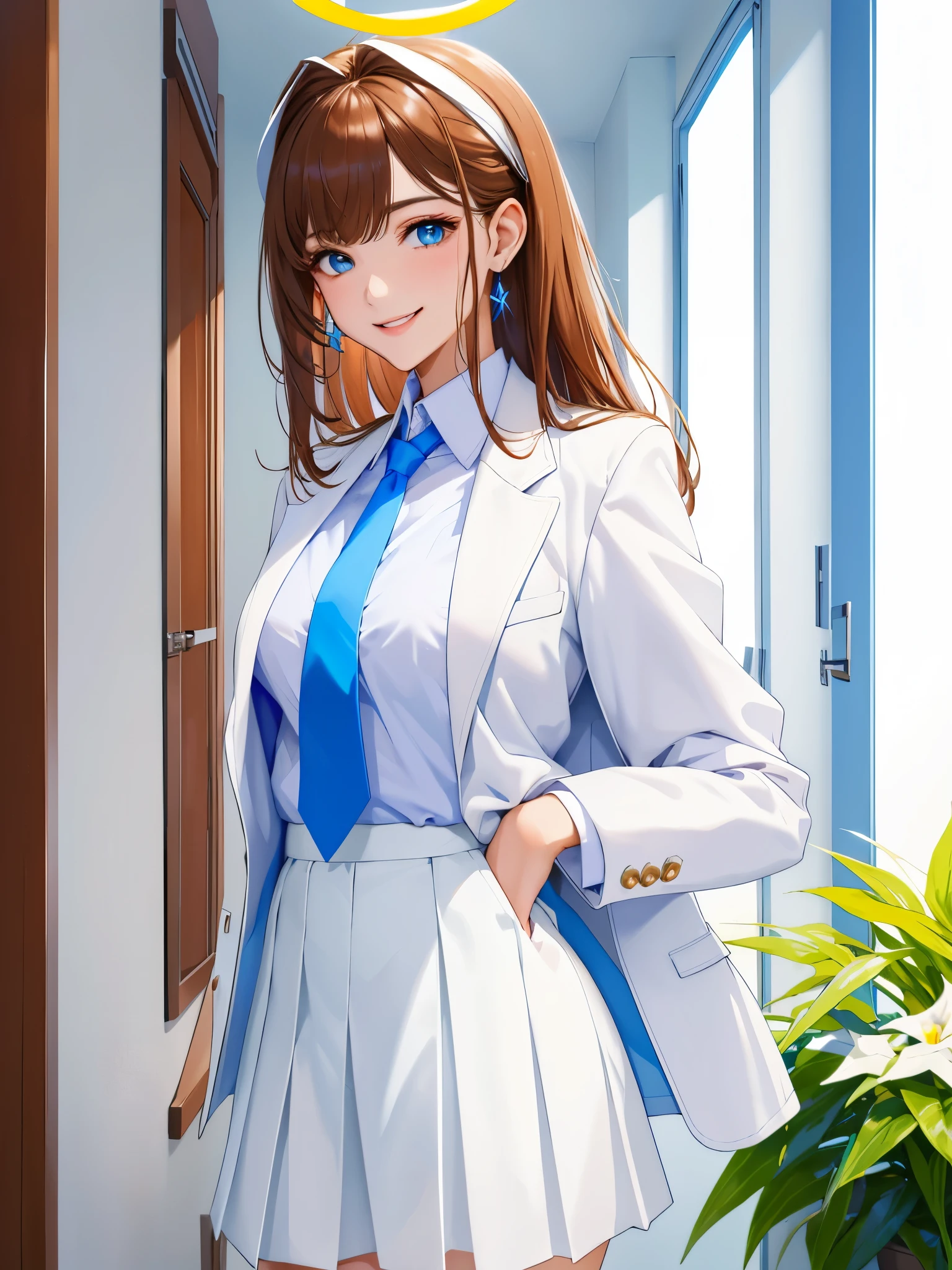 tmasterpiece, Best quality at best, ultra - detailed, 1 girl, aris, White jacket, white  shirt, a blue tie, pleatedskirt, The halo, Indoors, ssmile