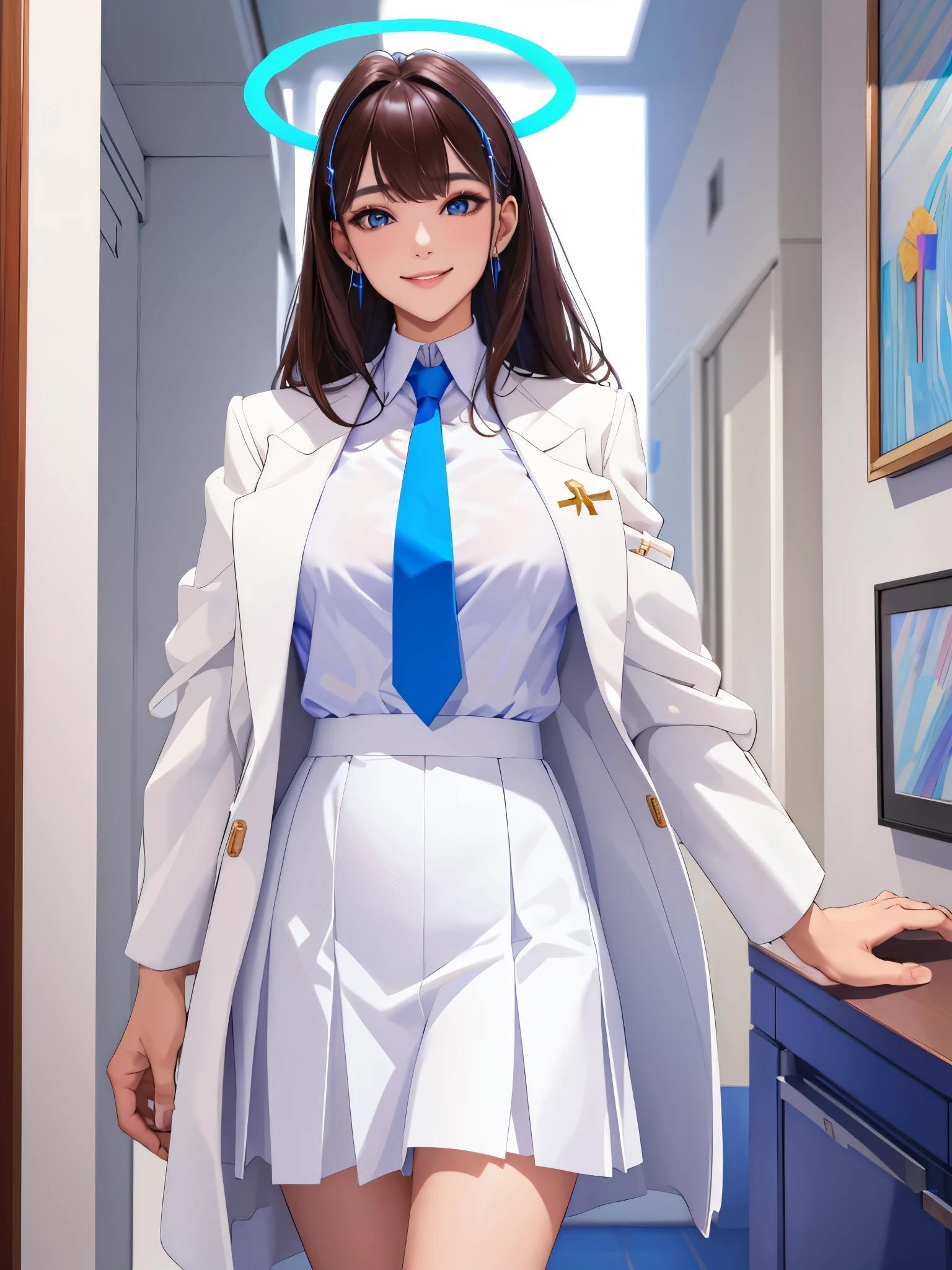 tmasterpiece, Best quality at best, ultra - detailed, 1 girl, aris, White jacket, white  shirt, a blue tie, pleatedskirt, The halo, Indoors, ssmile