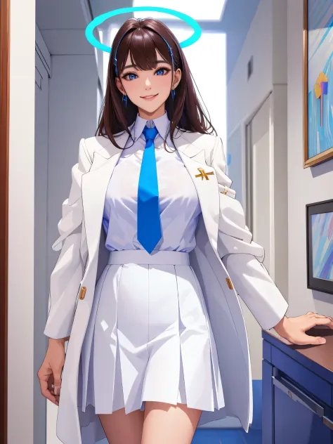 tmasterpiece, Best quality at best, ultra - detailed, 1 girl, aris, White jacket, white  shirt, a blue tie, pleatedskirt, The ha...