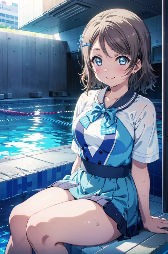 (((pixel perfect, detail perfect))), solo, 1girl in, watanabe, bowtie, looking at viewer, a smile，happy atmosphere，swimming pool...