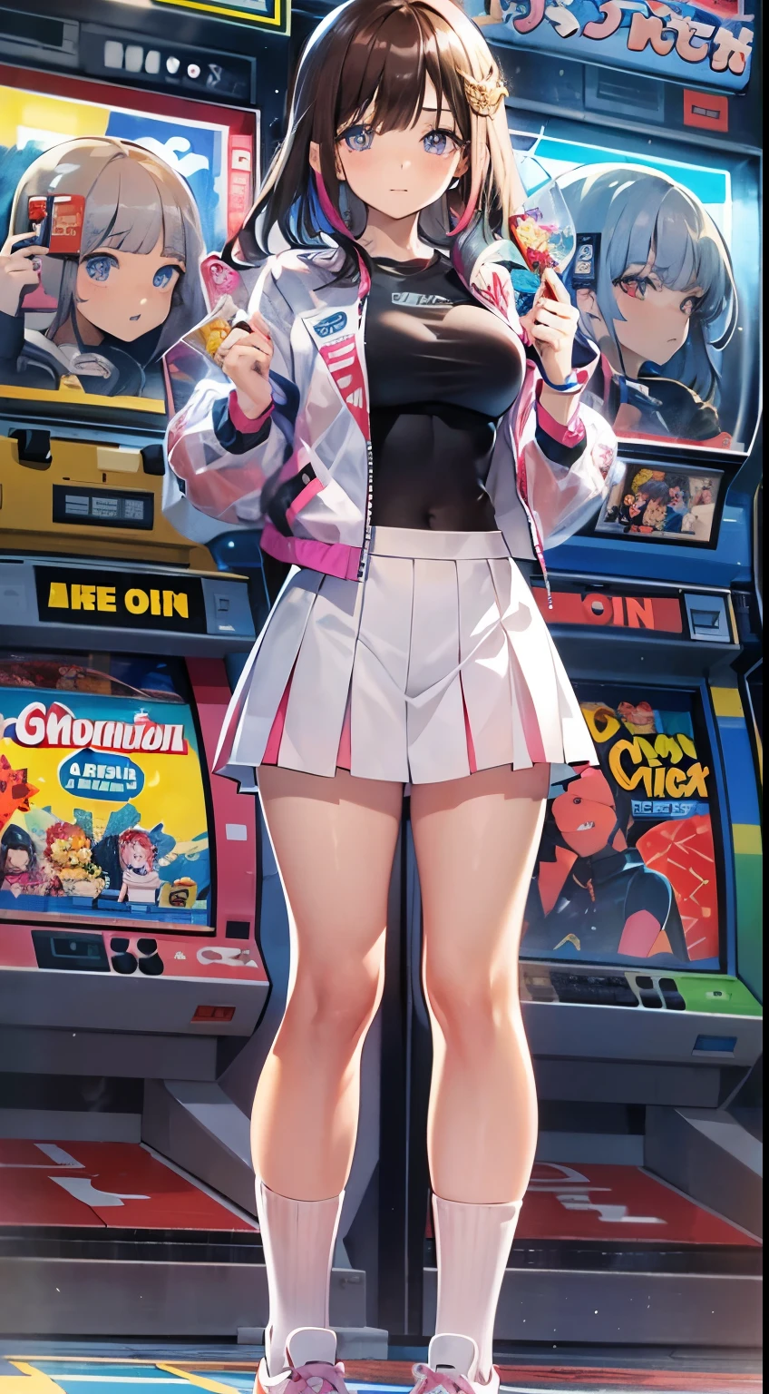 Anime girl in short skirt and jacket standing in front of a game machine -  SeaArt AI