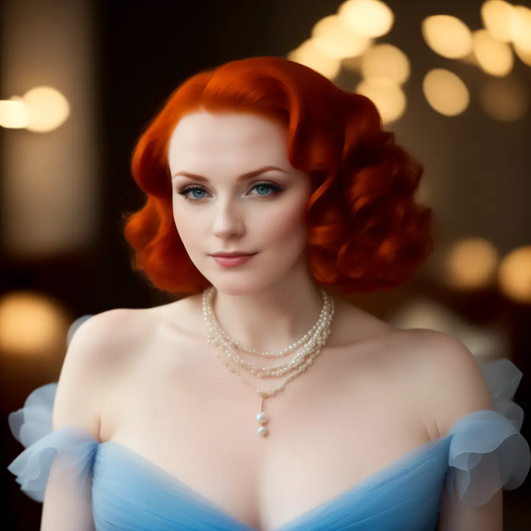 a close up of a woman wearing a blue dress and a necklace, beautiful redhead woman, opulent pearl necklace, redhead woman, luxur...