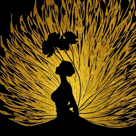 best quality, 32k, RAW photo, incredibly absurdres, extremely detailed, beautiful and mysterious silhouette art of a woman, a black background with gold glitter, and a flower garden made of finely shredded colorful colored paper around it, delicate, flashy...