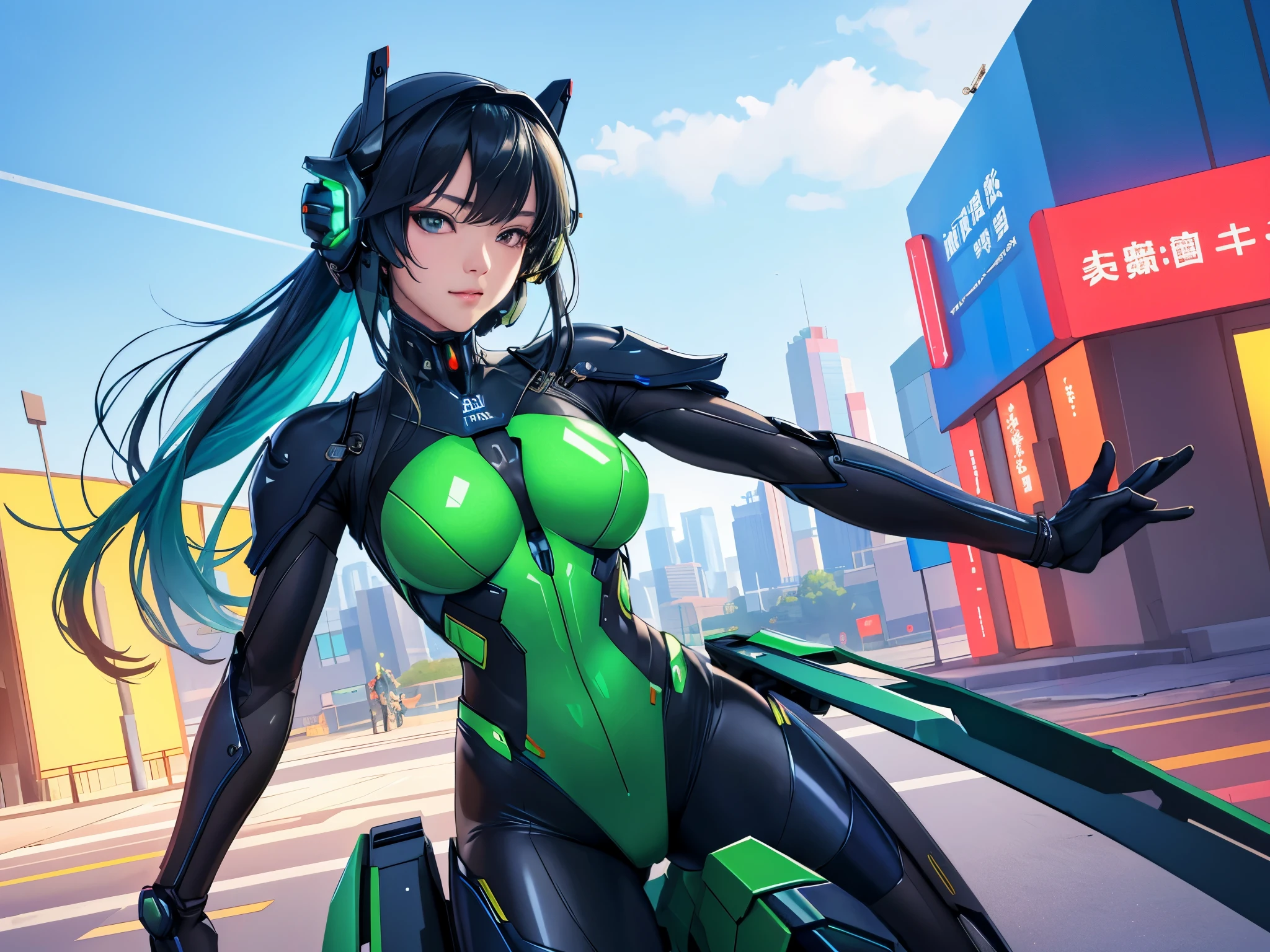 Highest image quality, excellent detail, Ultra-high resolution, (Realistic: 1.4), The best illustrations, Offer details, Highly concentrated 1girl, Has a delicate and beautiful face, Dressed in black and green mechs, wearing a mech helmet, holding direction, riding motorcycles, The background is a high-tech light scene of the future city. 超Realistic插画, 超Realistic渲染, clean digital render, photo realistic render, 超Realistic插画
