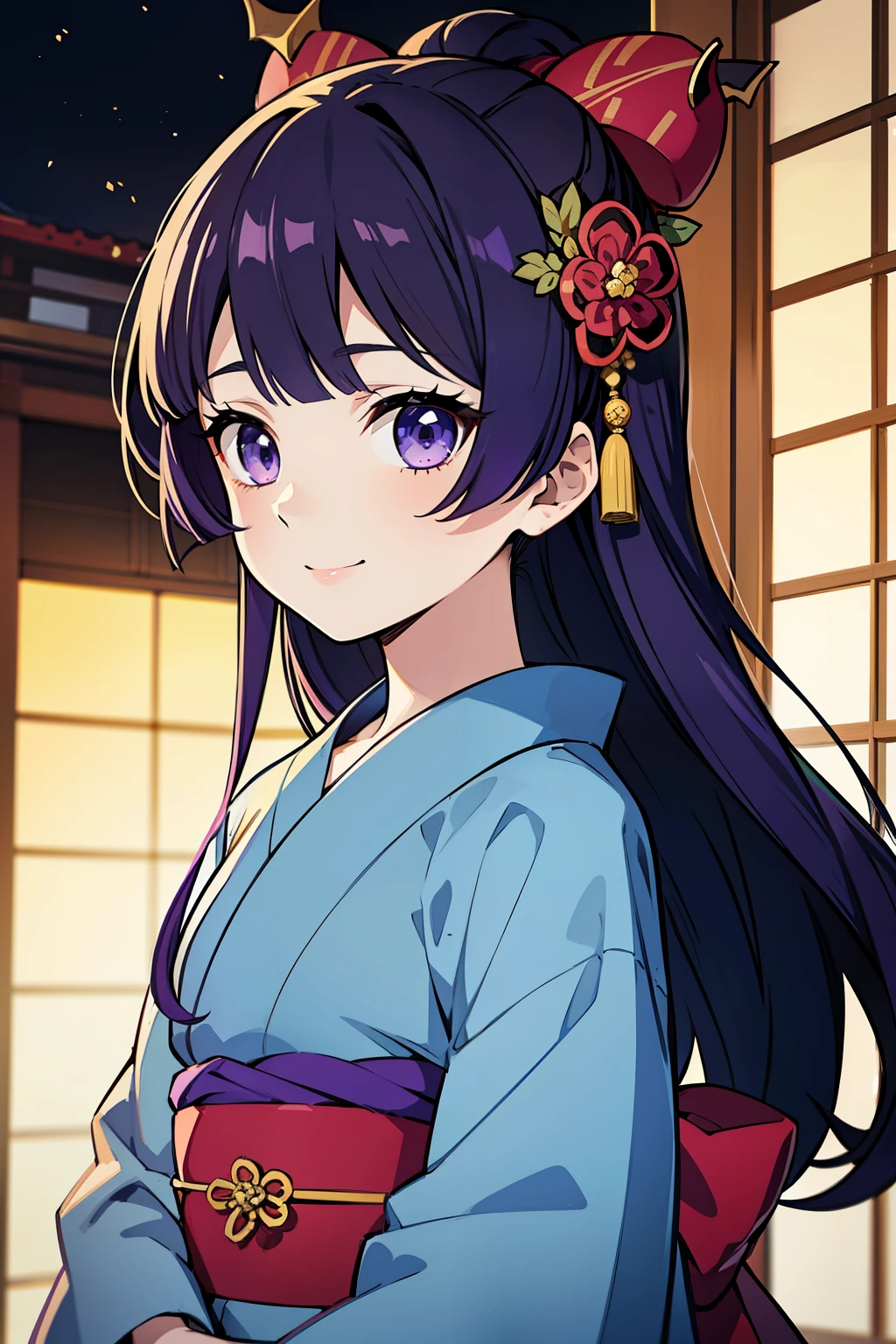 (haute qualité, Stupéfiant),(YEUX EXPRESSIFS, visage parfait) ((Yukata)), 1fille, femelle, seulement, jeune enfant , cheveux noir clair et violet, stries dans les cheveux, yeux couleur indigo, Doux sourire, cheveux de longueur moyenne, cheveux lâches, frange latérale, cheveux bouclés, vêtements japonais, élégant, maquillage doux, accessoire épingle à cheveux dans les cheveux, Oïran, style artistique de tueur de démons, porte un masque de hyottoko