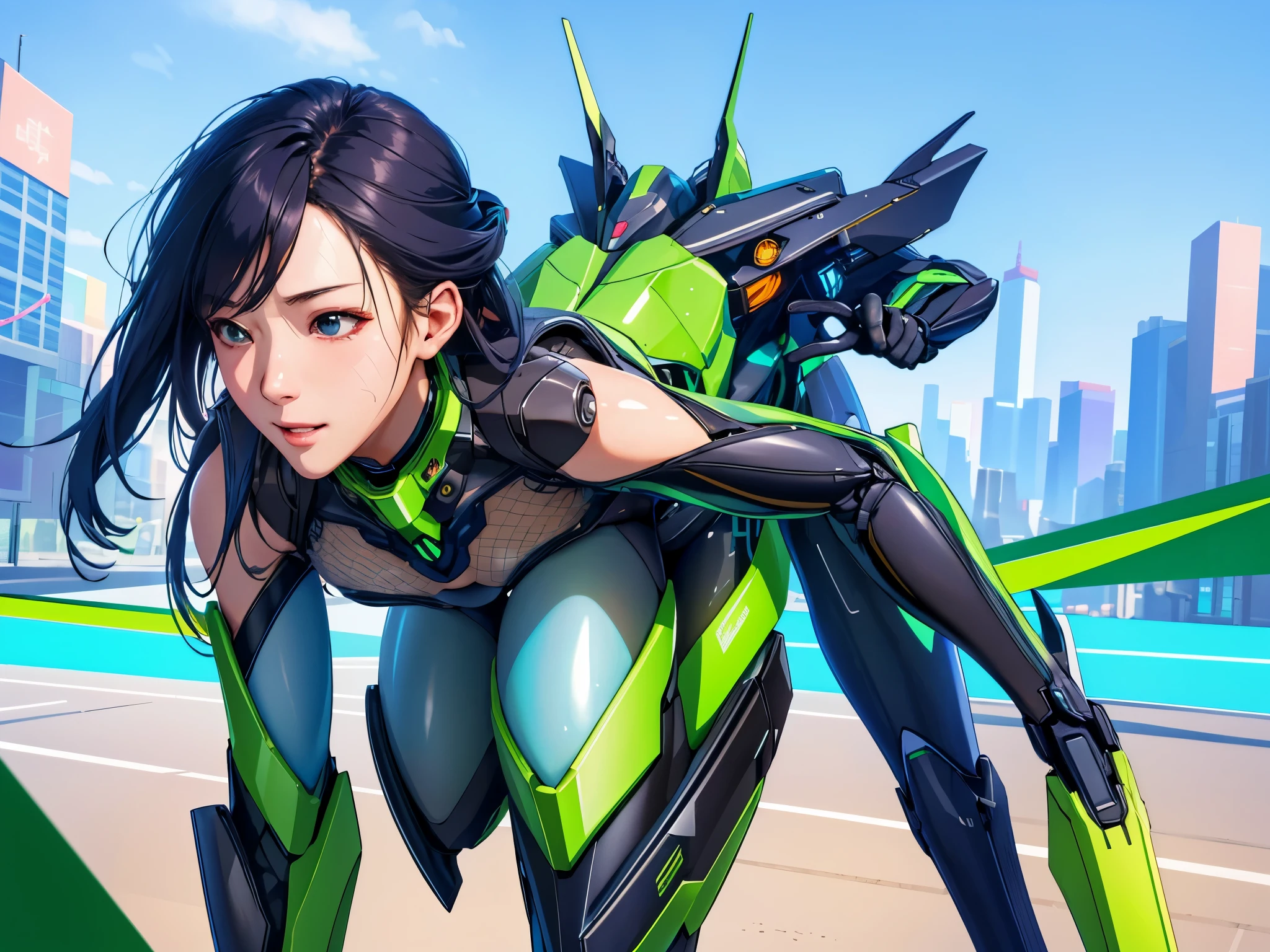 Highest image quality, excellent detail, Ultra-high resolution, (Realistic: 1.4), The best illustrations, Offer details, Highly concentrated 1girl, Has a delicate and beautiful face, Dressed in black and green mechs, wearing a mech helmet, holding direction, riding motorcycles, The background is a high-tech light scene of the future city. 超Realistic插画, 超Realistic渲染, clean digital render, photo realistic render, 超Realistic插画