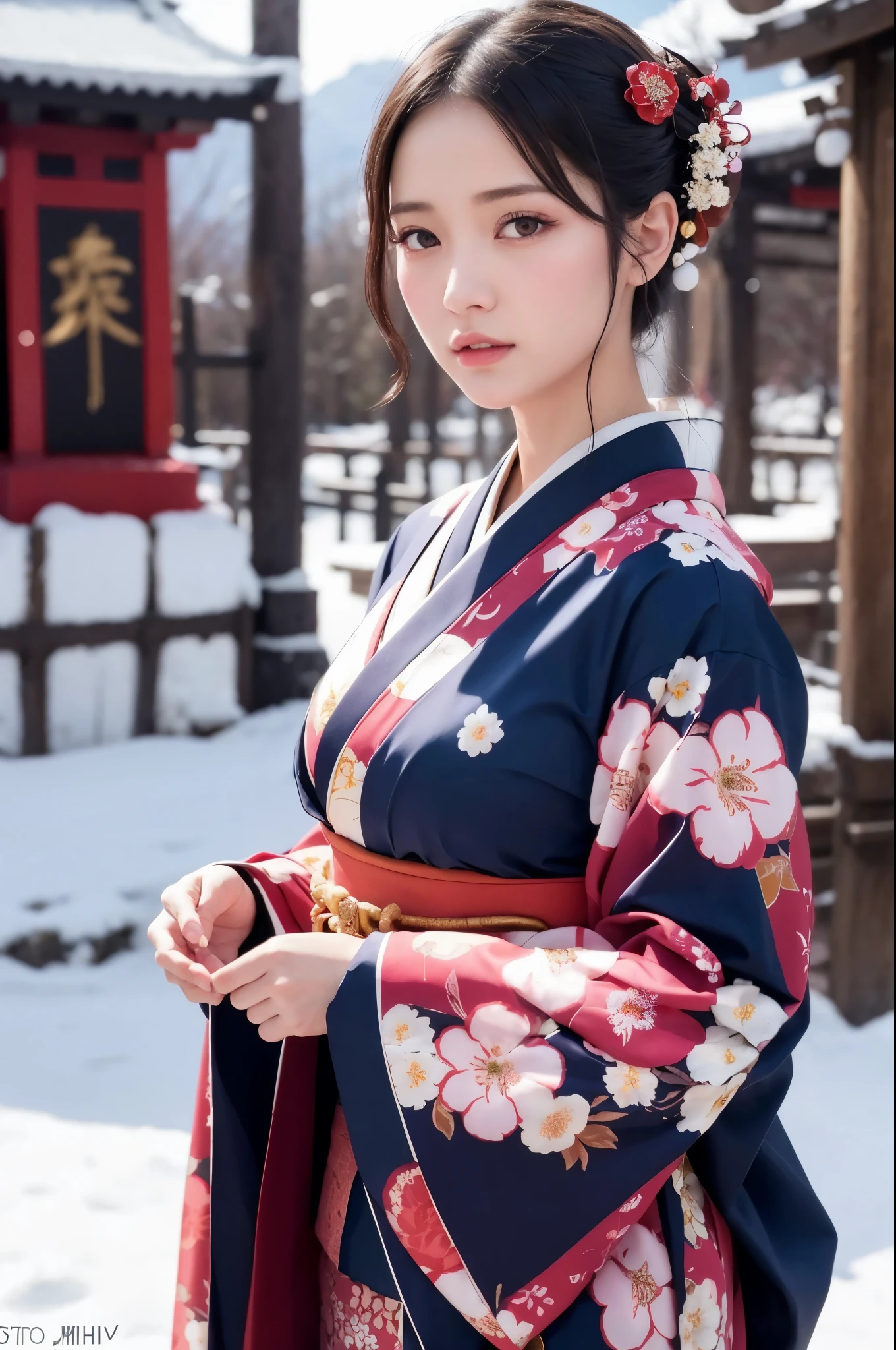 Japanese shinto shrines in snowy landscapes, Early morning of New Year's Day, (A beautiful Japanese girl in a kimono for New Year's celebration, solo, floral print, hair ornaments), 8k, RAW photo, best quality, masterpiece:1.2, (realistic, photo-realistic:1.4), extremely detailed 8k wallpaper, cowboy shot, Like a Japanese Idol, Extremely cute, elegant, Slightly bewitching, parted lips, glossy skin, cinematic composition, professional warm lighting and shading, extremely detailed eyes and face, eyes with beautiful details, insanely detailed beautiful realistic skin texture, (correct body balance, accurate hands, accurate eyes)