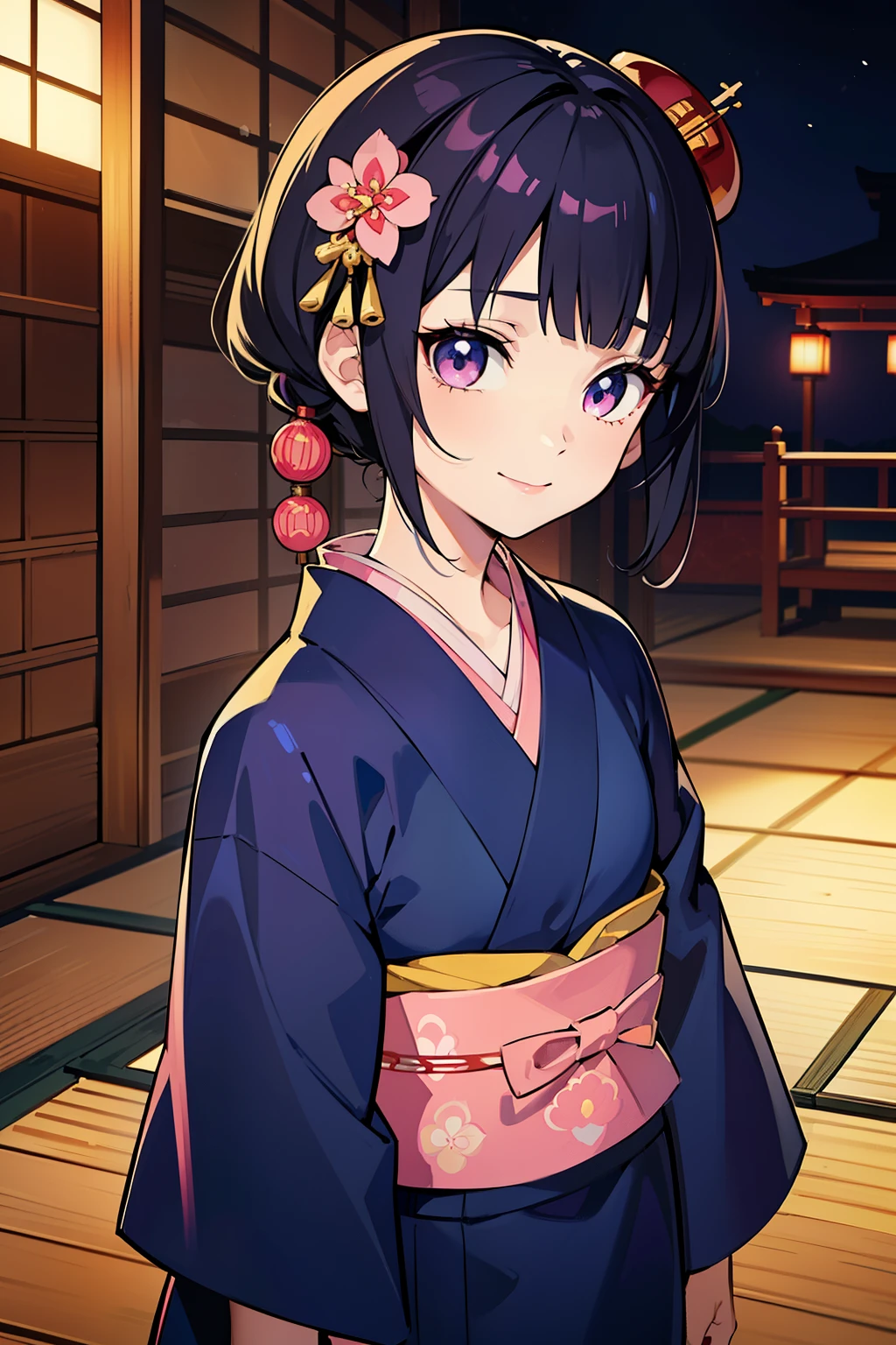 (high-quality, breathtaking),(expressive eyes, perfect face) ((yukata)), 1girl, female, solo, young child , black hair, blue tips, pink coloured eyes, gentle smile, short length hair, loose hair, side bangs, curley hair, japanese clothing, elegant, soft make up, hair pin accessory in hair, oiran, demon slayer art style