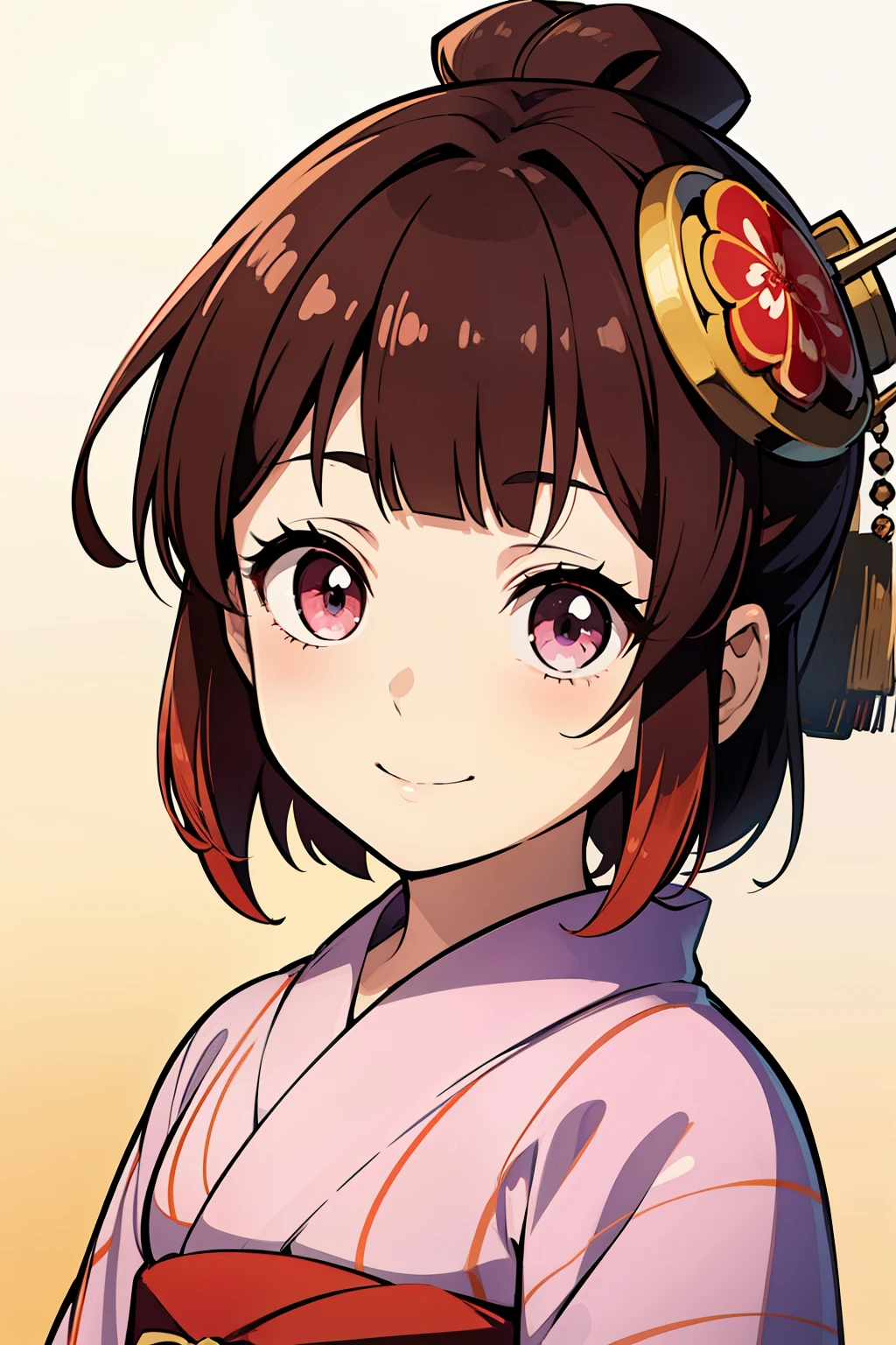 (high-quality, breathtaking),(expressive eyes, perfect face) ((yukata)), 1girl, female, solo, young child , brown hair, red streaks, pink coloured eyes, gentle smile, short length hair, loose hair, side bangs, curley hair, japanese clothing, elegant, soft make up, hair pin accessory in hair, oiran, demon slayer art style