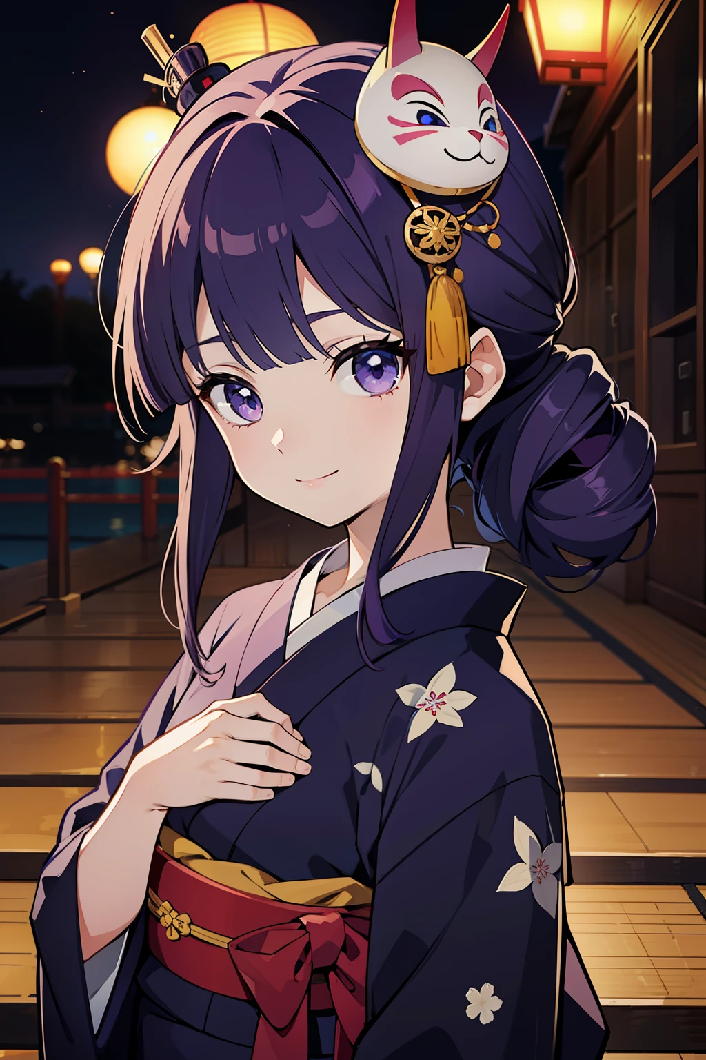 (high-quality, breathtaking),(expressive eyes, perfect face) ((yukata)), 1girl, female, solo, young child , light black and purplehair, streaks in hair, indigo coloured eyes, gentle smile, medium length hair, loose hair, side bangs, curley hair, japanese clothing, elegant, soft make up, hair pin accessory in hair, oiran, demon slayer art style, wears a hyottoko mask