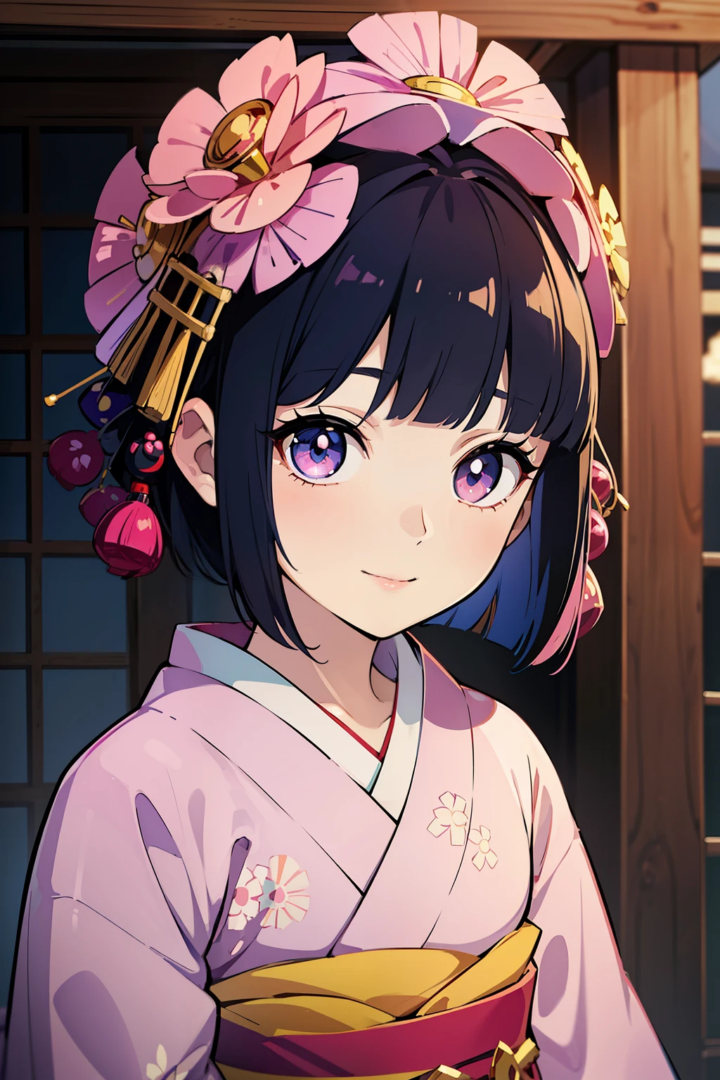 (high-quality, breathtaking),(expressive eyes, perfect face) ((yukata)), 1girl, female, solo, young child , black hair, blue tips, pink coloured eyes, gentle smile, short length hair, loose hair, side bangs, curley hair, japanese clothing, elegant, soft make up, hair pin accessory in hair, oiran, demon slayer art style