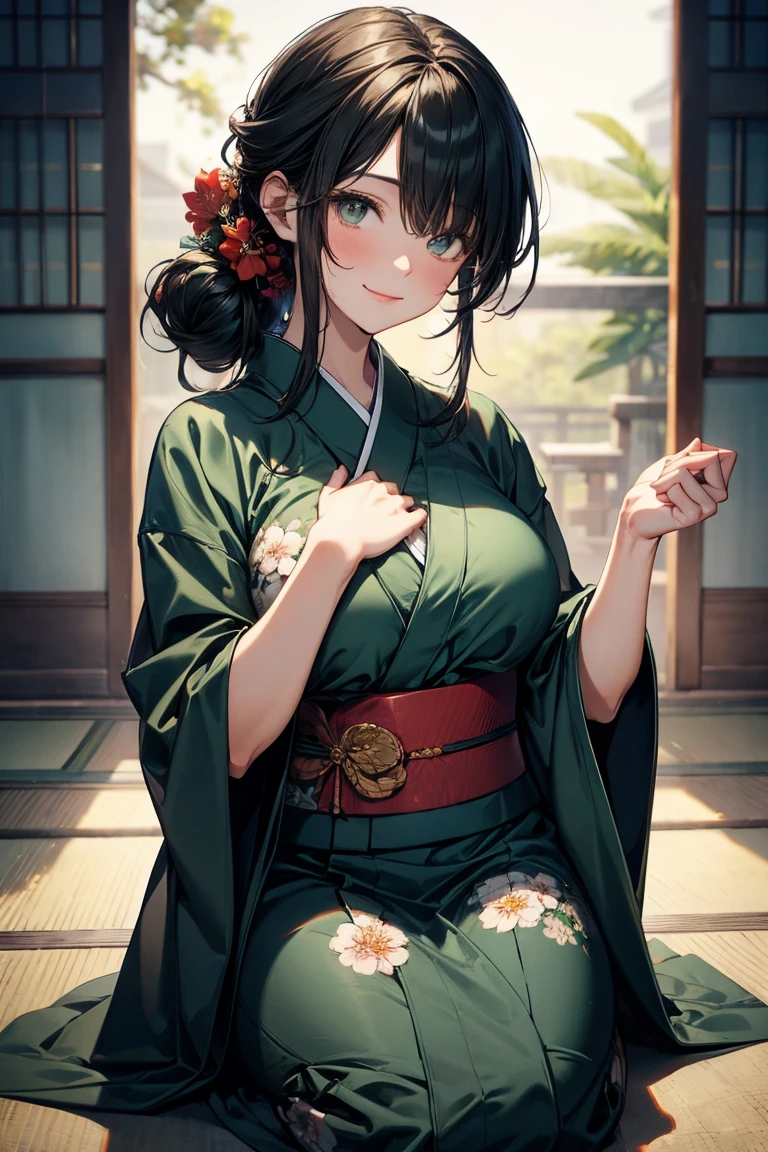 (Masterpiece, best quality), (ultra high resolution, 8K RAW photo, photo realistics:1.5, textile shading, softy tones, thin outline), araffe matured woman in a kimono, sitting on a bed with hugging a teddy bear, (wearing dark green silk robes), (dark green hanfu:1.2), (wearing japanese kimono:1.2, traditional japanese, japanese clothes), (classy yukata clothing, flowers printing in clothes), wearing a haori, (matured woman, milf:1.5, 28 years old, solo), (large breast, sagging breast, big , narrow waist, big ass, curvy bodies), (medium hair, hair over one eye, asymmetric hair, half updo hair), (bright pupils, detailed eyes, high detailed face, half closing eyes), eye rush, (smileing, shamed), (looking at viewers:1.3), (dynamic angle, from above:0.5), (correct anatomy:1.5, correct hands), (ideal ratio of body proportions),