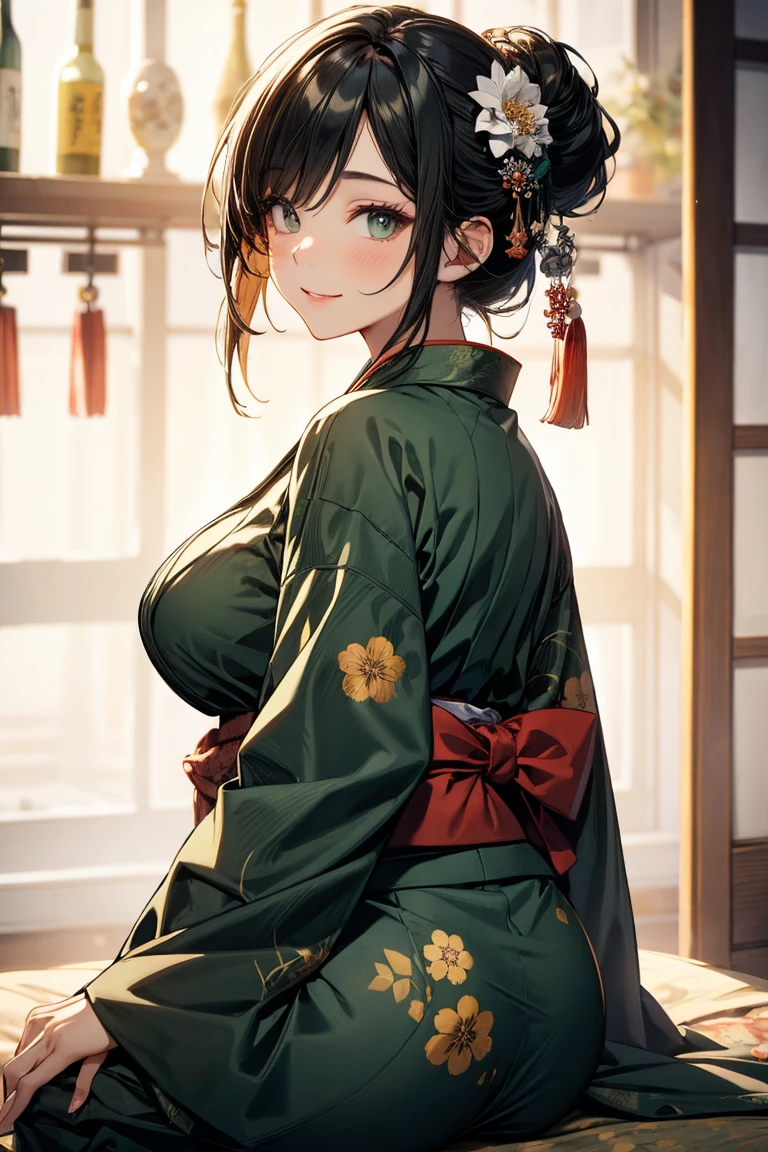 (Obra maestra, mejor calidad), (ultra alta resolución, Foto sin procesar de 8K, foto realistas:1.5, sombreado textil, tonos suaves, contorno delgado), araffe mujer madura in a kimono, sentado en una cama abrazando a un osito de peluche, (vistiendo túnicas de seda verde oscuro), (Hanfu verde oscuro:1.2), (vistiendo kimono japonés:1.2, japonés tradicional, ropa japonesa), (Ropa yukata elegante, estampado de flores en ropa), usando un haori, (mujer madura, mqmf:1.5, 28 años de edad, solo), (pechos grandes, pecho caído, grande , cintura estrecha, grande ass, cuerpos con curvas), (pelo medio, pelo sobre un ojo, cabello asimétrico, pelo medio recogido), (pupilas brillantes, ojos detallados, cara muy detallada, ojos medio cerrados), fiebre de los ojos, (sonriendo, avergonzado), (mirando a los espectadores:1.3), (ángulo dinámico, desde arriba:0.5), (anatomía correcta:1.5, manos correctas), (proporción ideal de proporciones corporales),