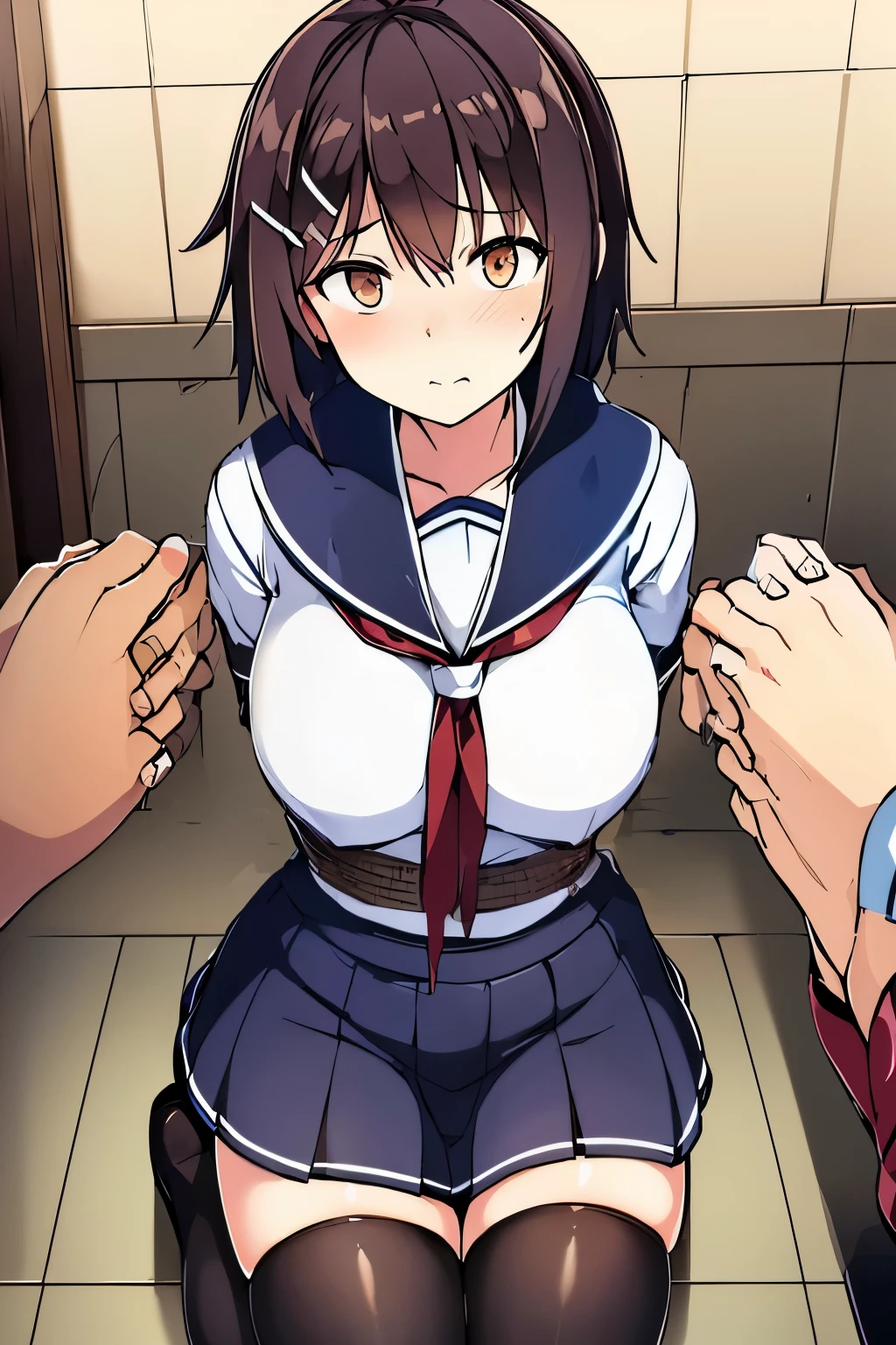 Anime girl in uniform sitting on the floor with her hands on her chest -  SeaArt AI