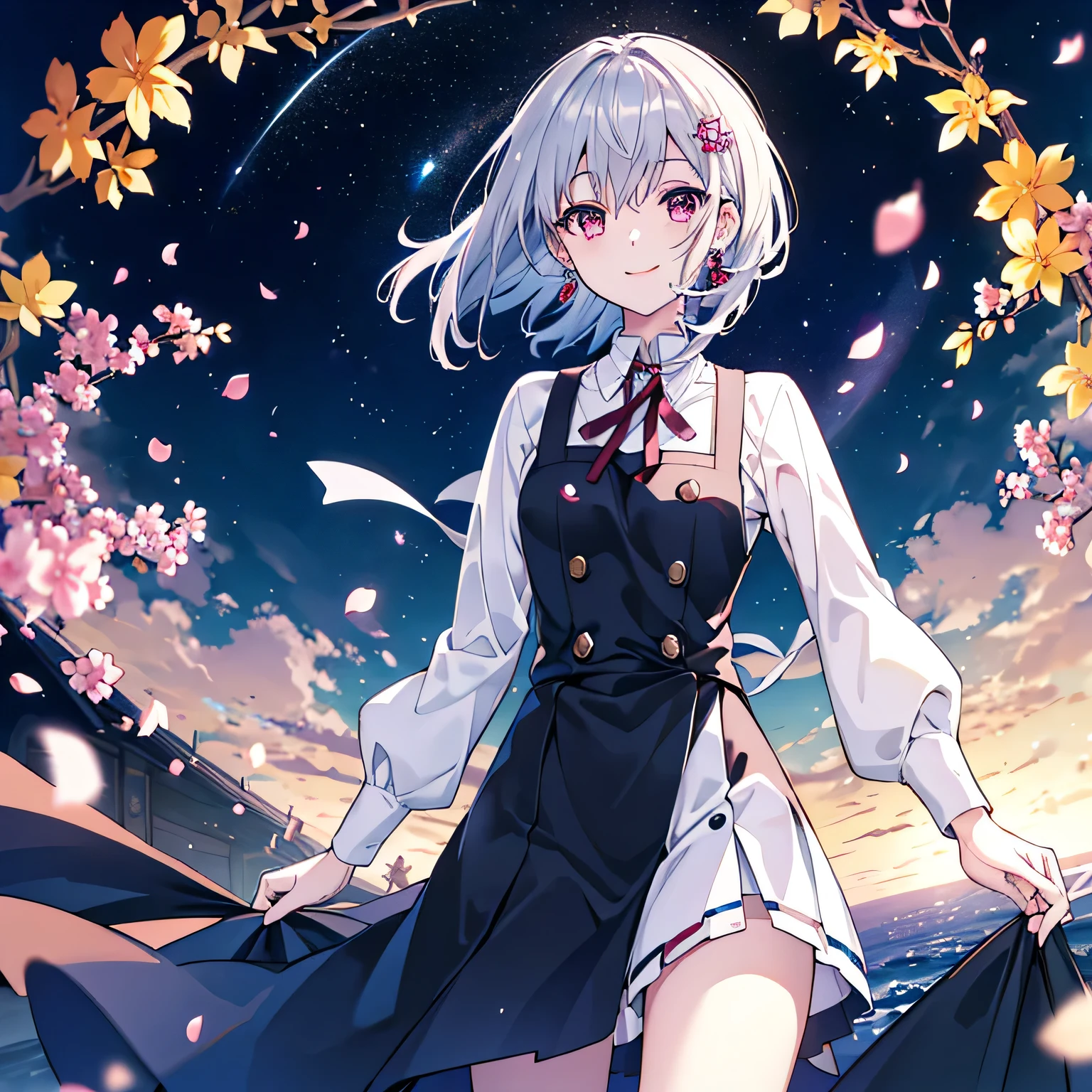 best quality, top-quality, hight resolution, 8K images,best qualtiy,hight resolution, masterpiece,hair strand,Light skin, an anime girl, 1girl, guweiz on artstation pixiv, beautiful fantasy anime, top rated on pixiv, medium length hair, silver hair, pink eyes. hair ornaments, flat chest. sky with countless star, night sky, evening, smiling, happy, white shirt, long sleeves, ribbon on shirt, overall dress, flat-chest, earrings