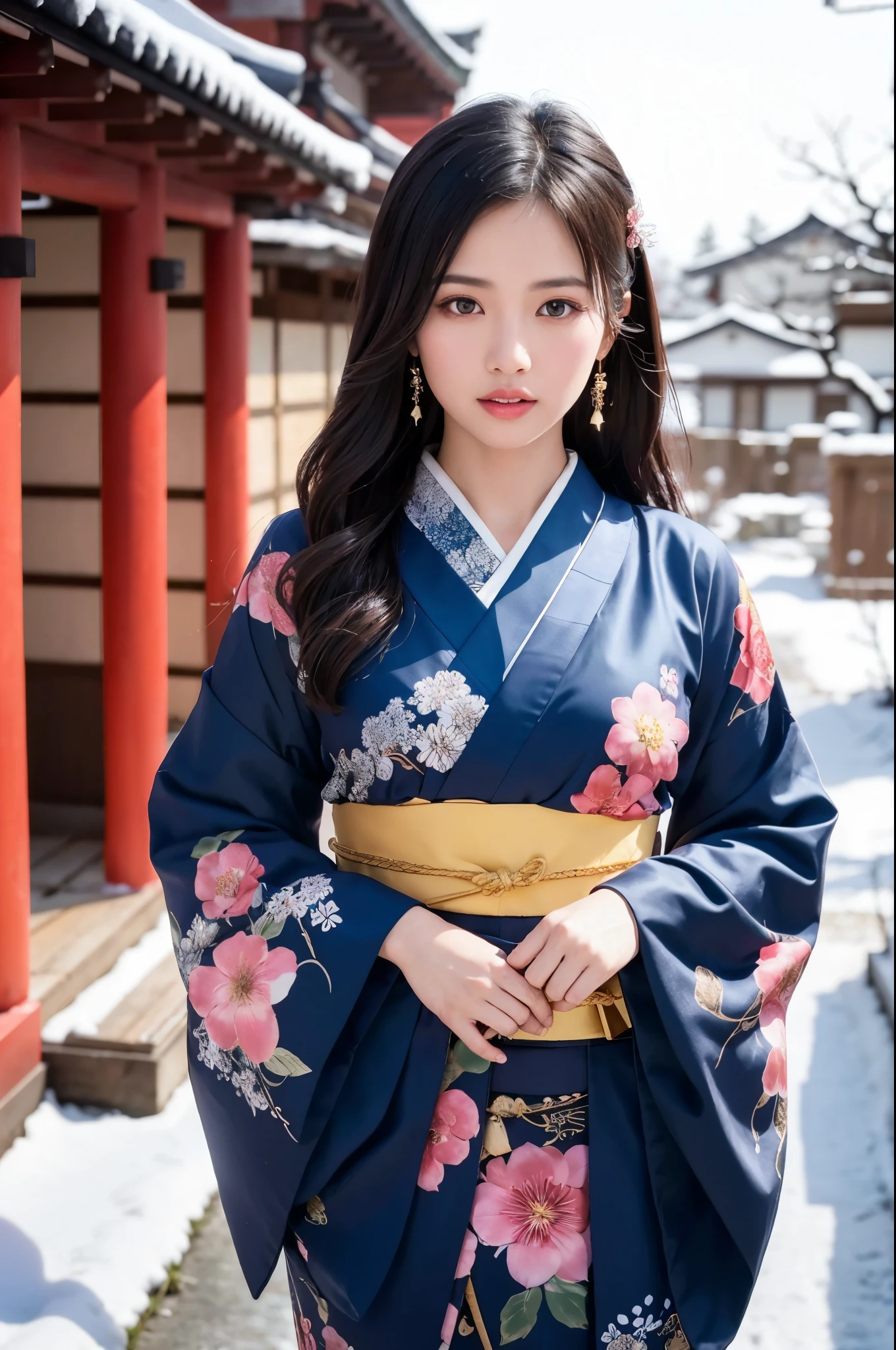 Japanese shinto shrines in snowy landscapes, Early morning of New Year's Day, (A beautiful Japanese girl in a kimono for New Year's celebration, solo, floral print, hair ornaments), masterpiece:1.2, best quality, 8k, RAW photo, (realistic, photo-realistic:1.4), cowboy shot, Like a Japanese Idol, Extremely cute, elegant, Slightly bewitching, parted lips, glossy skin, cinematic composition, professional warm lighting and shading, extremely detailed eyes and face, eyes with beautiful details, insanely detailed beautiful realistic skin texture, (correct body balance, accurate hands, accurate eyes)