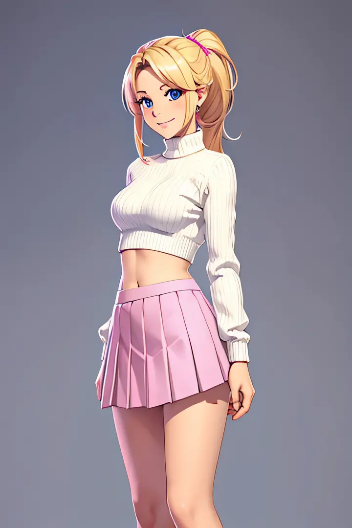 Indie game art,(full body wearing tight white sweater, showing midriff and pleated pink skirt, Cartoon style), Hand drawn, Techn...