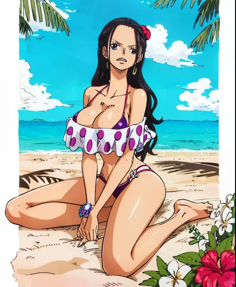 2d anime, woman, viola from one piece, beach, long black hair, bikini, cleavage, straddling, sexy, highres, best quality, masterpiece