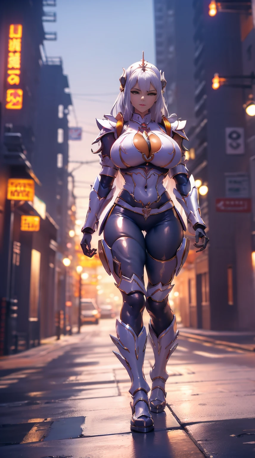 (dragon queen), Horse tail, (Huge fake tits:1.3), (Beautiful face), (white, orange), (CYBERPUNK STREET CITY BACKGROUND), (CYBER MECHA BRA), (neckline), (skin tight yoga pants), (High heels), (perfect body:1.2), (full body view), (looking at the viewer), (walking down:1.3), muscled body, muscular abs, UHD, 8k, 1080P.