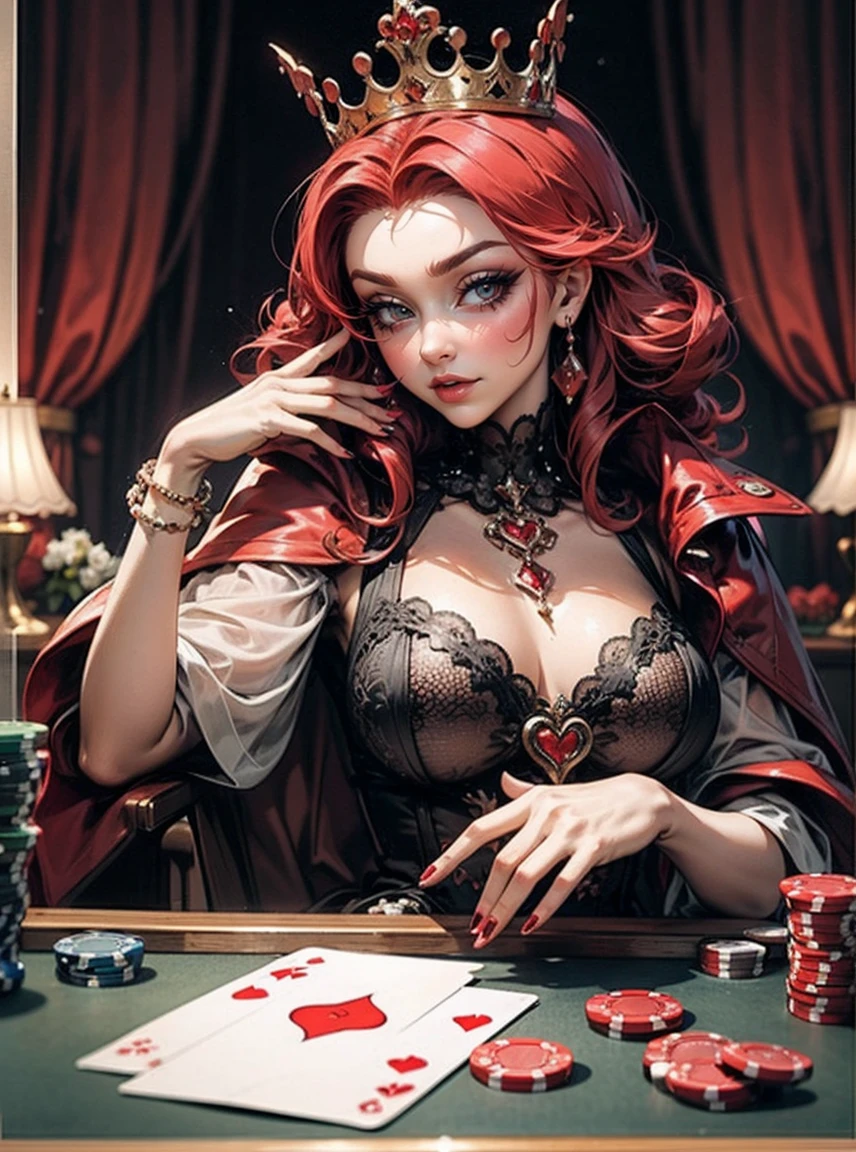 Em um luxuoso cassino, A stunning woman wears an exquisite dress adorned with heart symbols, embodying the royal presence of the Queen of Hearts. Surrounded by a backdrop of poker cards and chips, She exudes confidence and seduction, convidando os jogadores a testar sua sorte e habilidades no jogo de azar. com cabelos curtos, enrolados, cabelos vermelhos (queen of hearts)