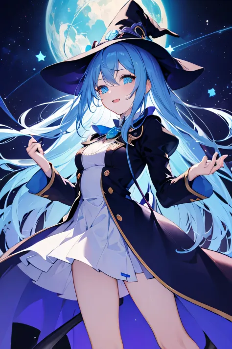 anime girl , Bright Cerulean Long Hair , Holding Star Power in barehands , Devil Smile , Bright Cerulean Star Symbol Eyes , Cosmic being , Dark Cosmic Theme , Witch , Devil , Fantasy , HD , Hyper Realistic