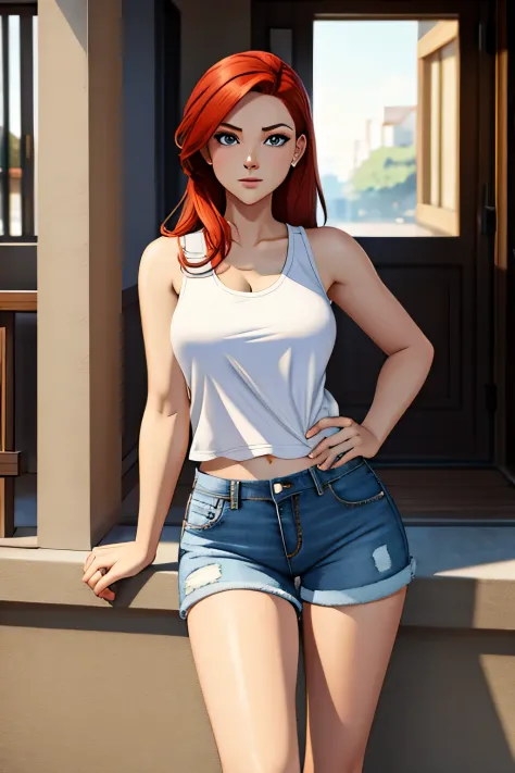 Indie game art,(full body wearing jean shorts and white tank top, Cartoon style), Hand drawn, Technical illustration, Graphic de...