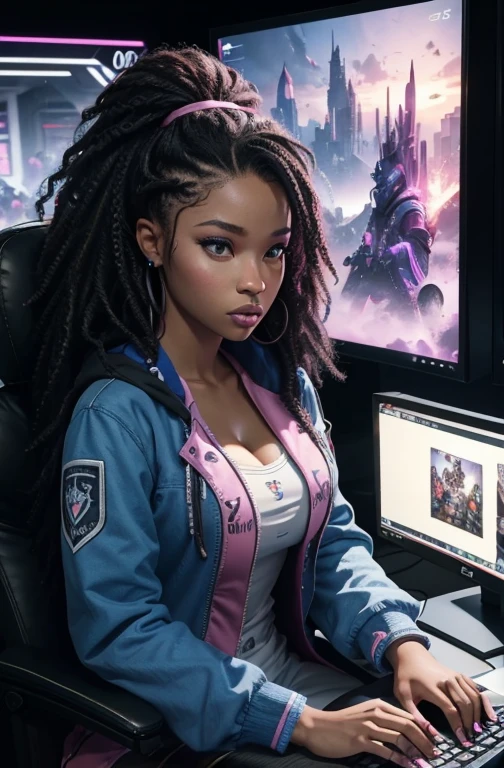 Hyper-detailed realistic photo: An attractive light skinned African American gamer girl writing a blog post with big hair. She is engrossed in her work, with a focused expression on her face. Her style is casual and modern, reflecting her passion for gaming. The image captures her in a comfortable setting, surrounded by gaming peripherals and a computer setup. This portrayal celebrates the diversity and talent of gamer girls in the online gaming community.
Background: black desert, black, pink and blue mountains, blue sky and bright lighting, 3d rendering, 8k post prodaction