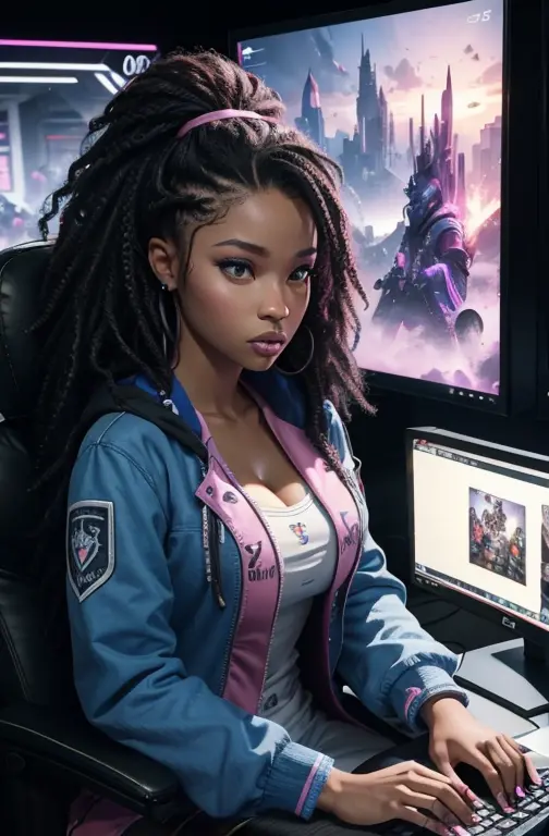 hyper-detailed realistic photo: an attractive light skinned african american gamer girl writing a blog post with big hair. she i...