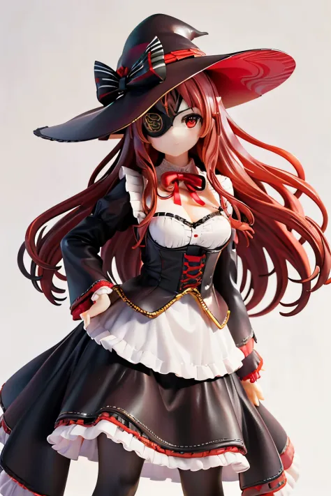 ((best quality)), ((masterpiece)), (detailed), perfect face, ((eyepatch:1.2)), (long hair:1.4), (red hair, red eyes:1.4), Hwa Ryun, smile, 1girl, solo, hat, big hat, skirt, legging, witch hat, dirndl gown, black headwear, black dirndl gown, smile, outdoors...