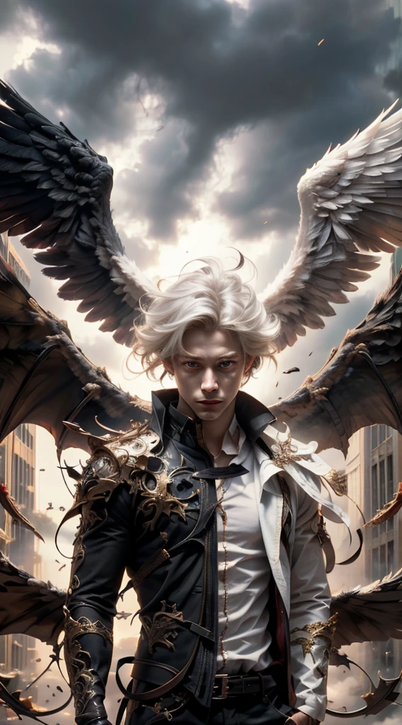 (master-piece:1.3),(bestquality:1.2),10,Absurd,unity 10 wallpaper,(Very detailed:1.3),highest, (young adult male), ((Separate theme)), long-haired, Heterochromia, (White Hair,Black Hair), (angel,Demons), (White wings,black wings)