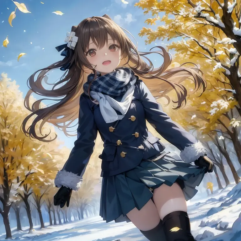 Anime Girl in winter clothes walking through the snow with trees in the background, Anime visuals of cute girls, Beautiful anime...
