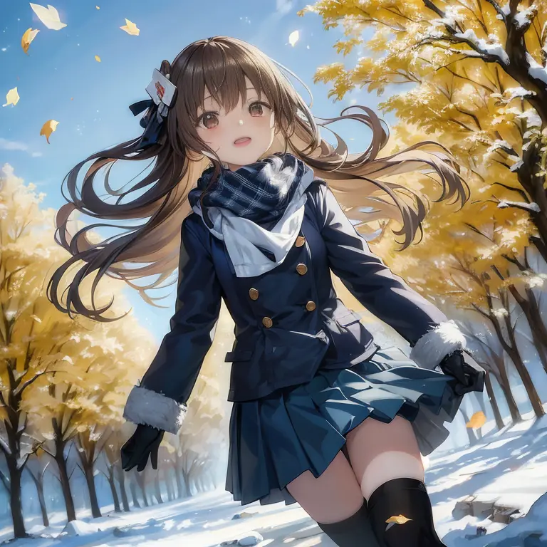 Anime Girl in winter clothes walking through the snow with trees in the background, Anime visuals of cute girls, Beautiful anime...
