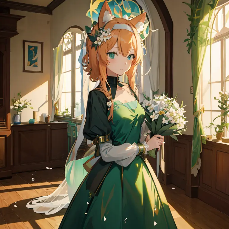 anime girl in a green dress with flowers in front of the window, lori in dress, guweiz on pixiv artstation, guweiz on artstation...