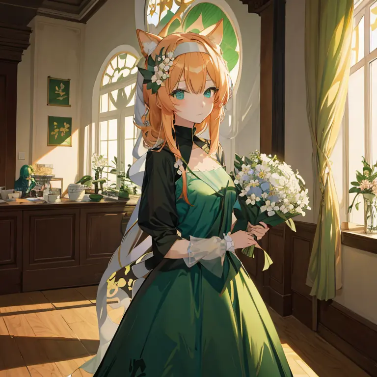 anime girl in a green dress with flowers in front of the window, lori in dress, guweiz on pixiv artstation, guweiz on artstation...