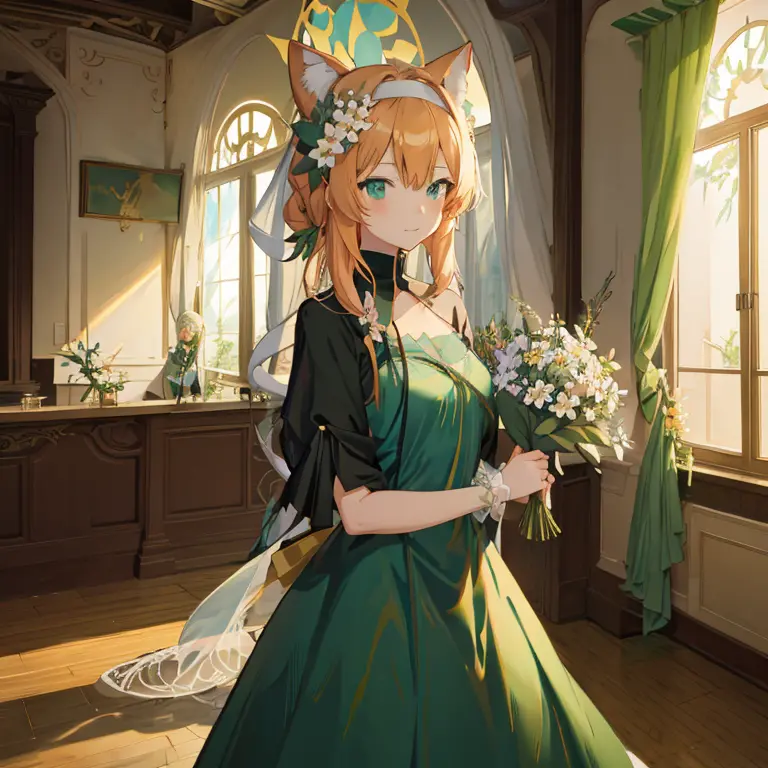 anime girl in a green dress with flowers in front of the window, lori in dress, guweiz on pixiv artstation, guweiz on artstation...