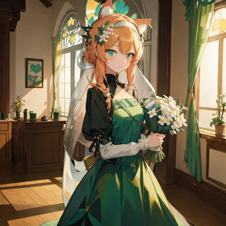 anime girl in a green dress with flowers in front of the window, lori in dress, guweiz on pixiv artstation, guweiz on artstation...