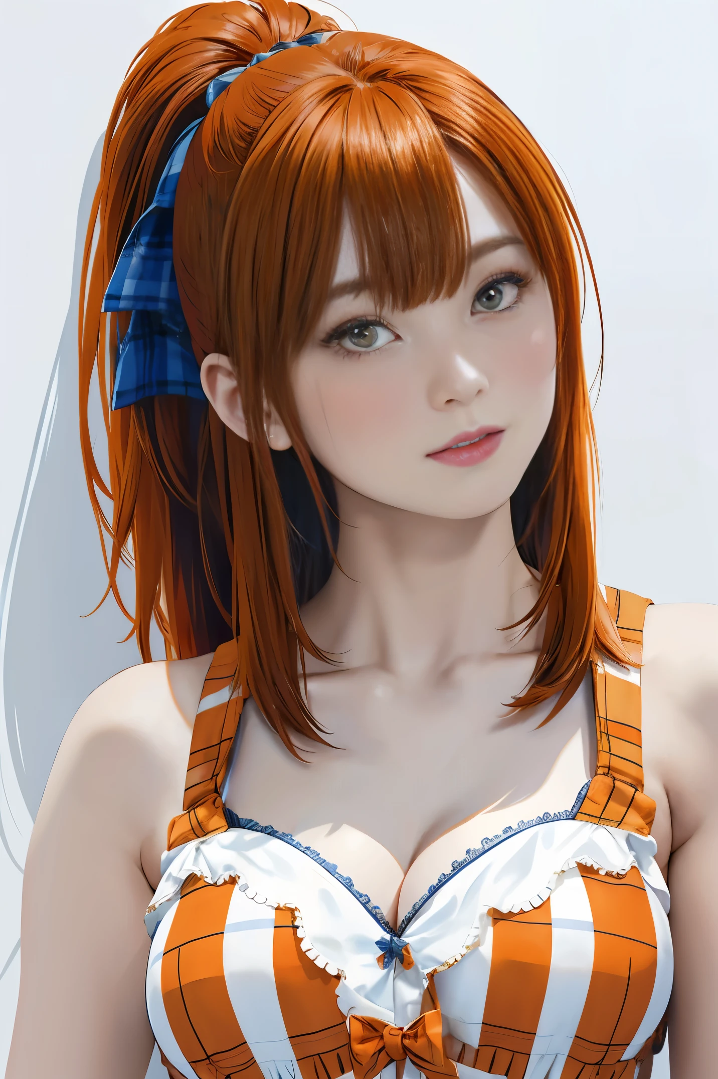 The upper part of the body、an oil painting、​masterpiece、Ink painting style、top-quality、hight resolution、Orange long hair、Orange long hair、Naughty look、(((White and blue plaid bra)))、(((White and blue gingham plaid)))、The upper part of the body、Female face、Embarrassed face、sweat-wet skin、The background is all white、side poneyTail、((Side tail hair))、Arms folded in front of the chest、I'm embarrassed