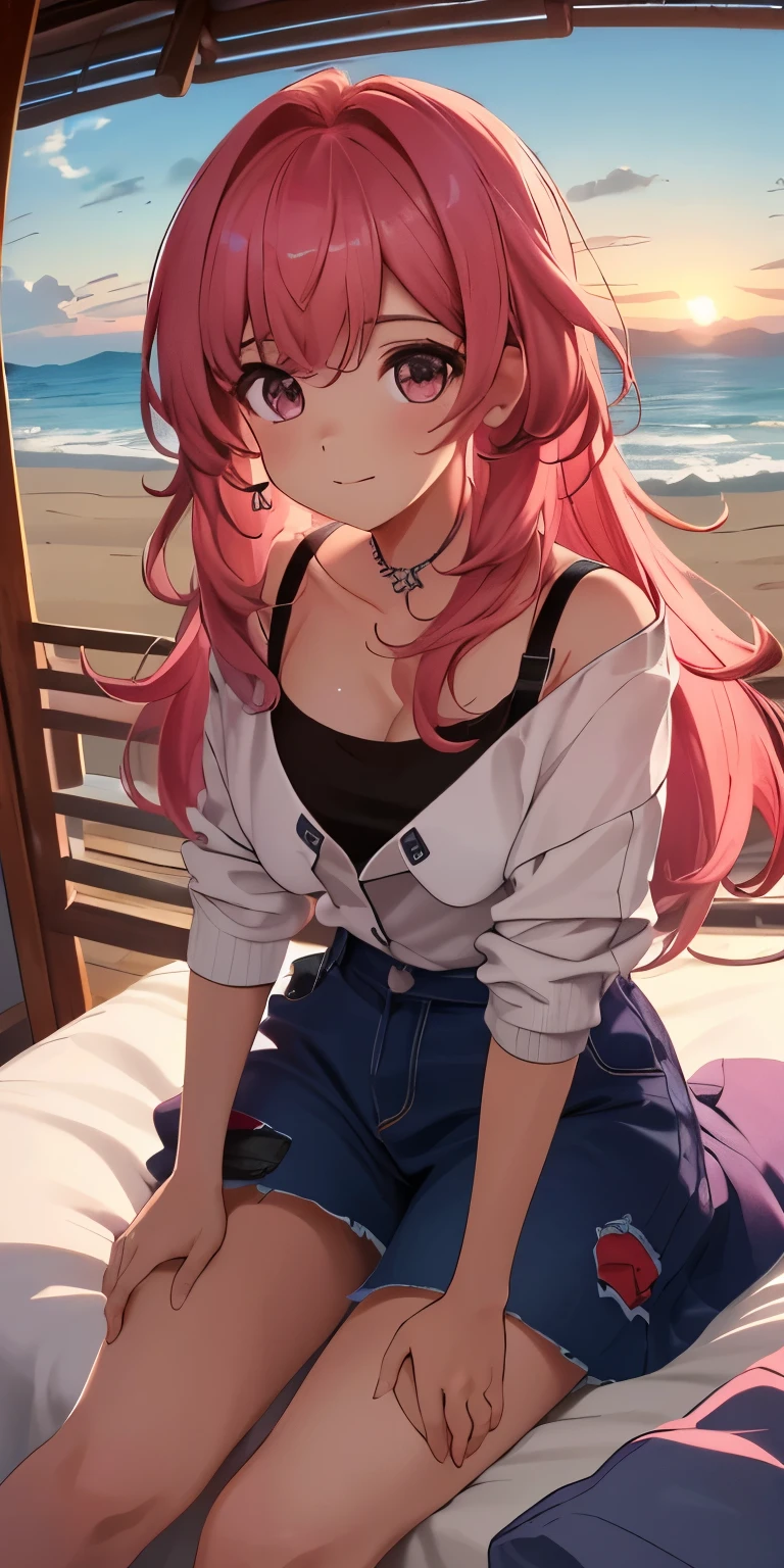 Anime girl sitting on a bed with a pink hair and blue shorts - SeaArt AI