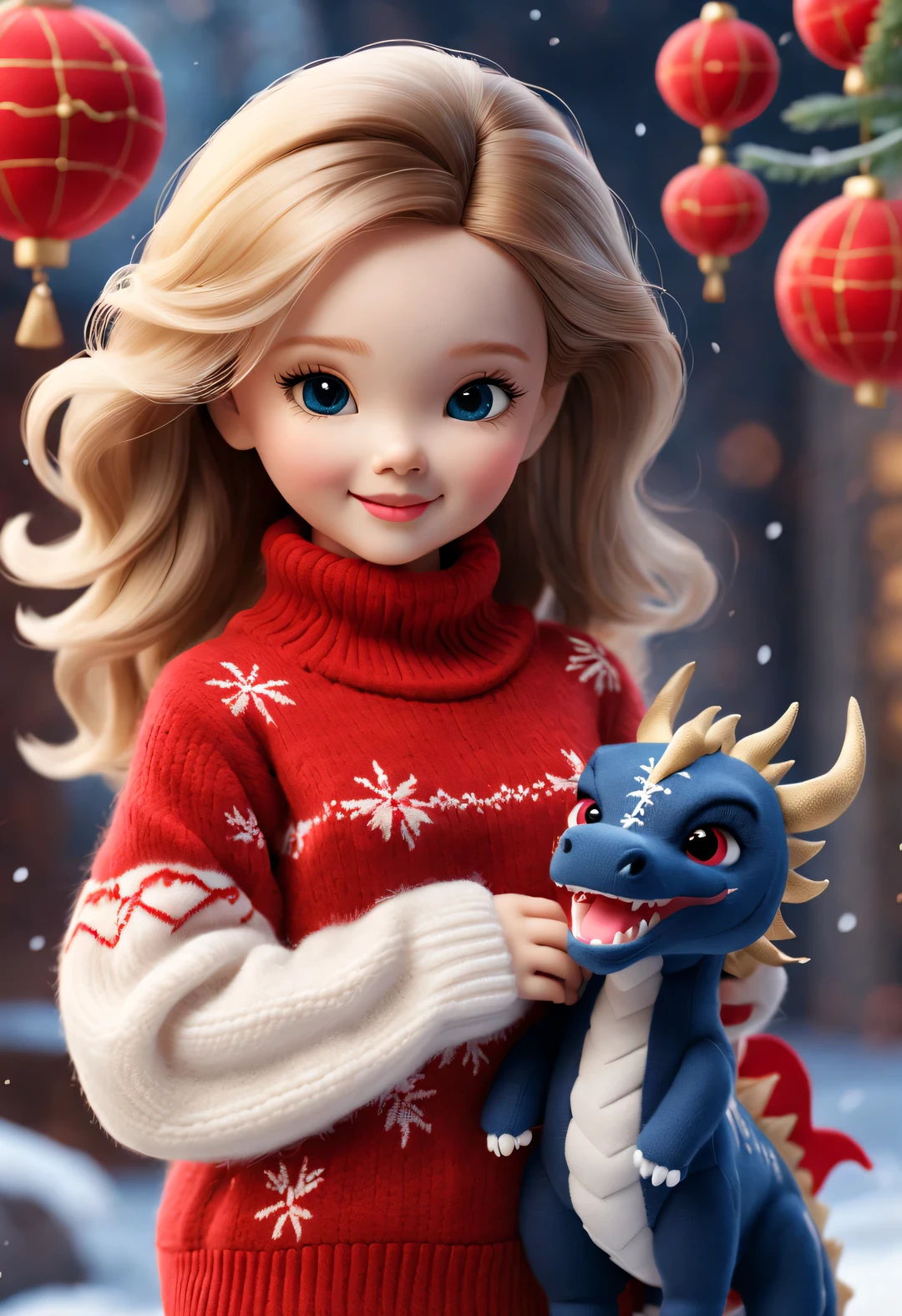 2024 new year plush toy design，（Close up of smiling cute little dragon and barbie doll：1.1），Wear a sense of luxury, Gorgeous and Stylish Cashmere and Wool Fashions for Winter，（Exquisite cashmere wool craftsmanship） ， Background with：Dark navy and fiery red，2024 new year elements，golden ornaments，heavy snow ground， Apply exquisite skills and superb technology，Weave wool into a variety of styles and textures，Pay attention to the edge of the sweater、sutured、Details such as stitching ensure smooth lines of the sweater、Smooth and traceless，Demonstrate perfect craftsmanship quality。 Cute 3d rendering，Cute and detailed digital art，Miniature feeling，stylized 3d render，3d rendered figure art 8k，lovely digital painting，Anime style 3D，Ultra-detailed rendering