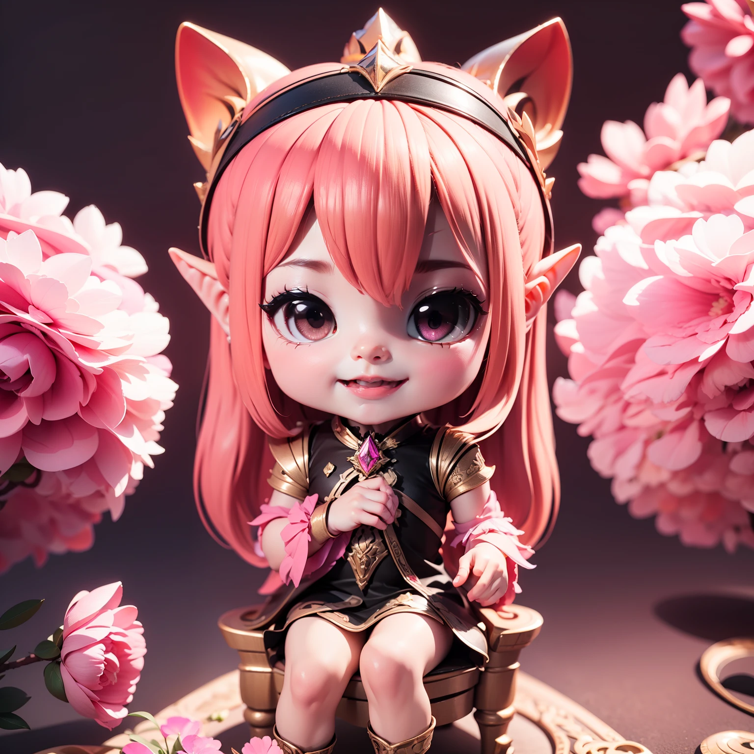 Cute Baby chibi selena mobile legend,(((chibi 3D))) (melhor qualidade) (Preço Mestre)、(chibi :1.3)、Sentado em flores rosa esfumaçadas、specimen、planta de casa、abra a boca e sorria、Joias Decoração Costumes