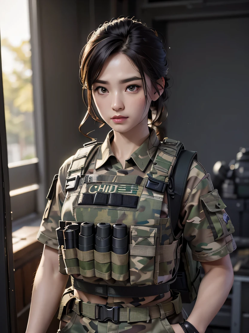 ((​masterpiece、top-quality、realisitic、ultra-detailliert、hight resolution、Photorealsitic、foco nítido))、Stunning portrait of a beautiful woman、bustshot、Focus from the chest up、a matural female、big eye、A detailed eye、A dark-haired、Cropped Shorthair、Army camouflage uniform、Camouflage Tactical Vest、Long trousers with camouflage pattern、Combat gloves、rucksack、Black Military Undershirt、Tanks on the background、White smoke、Detailed hand depiction